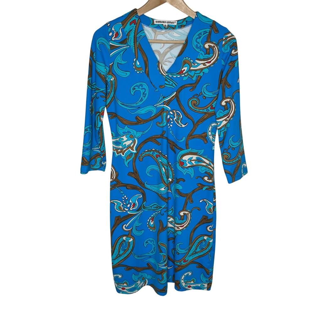 Barbara Gerwit Blue Paisley Floral Dress Size Small Soft Stretch V-Neck